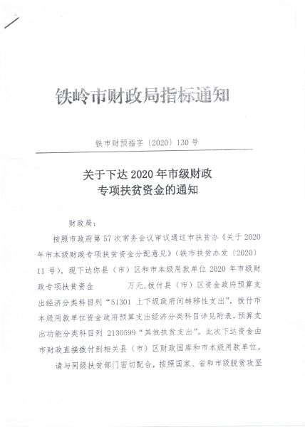关于下达2020年市级财政专项扶贫资金的通知
